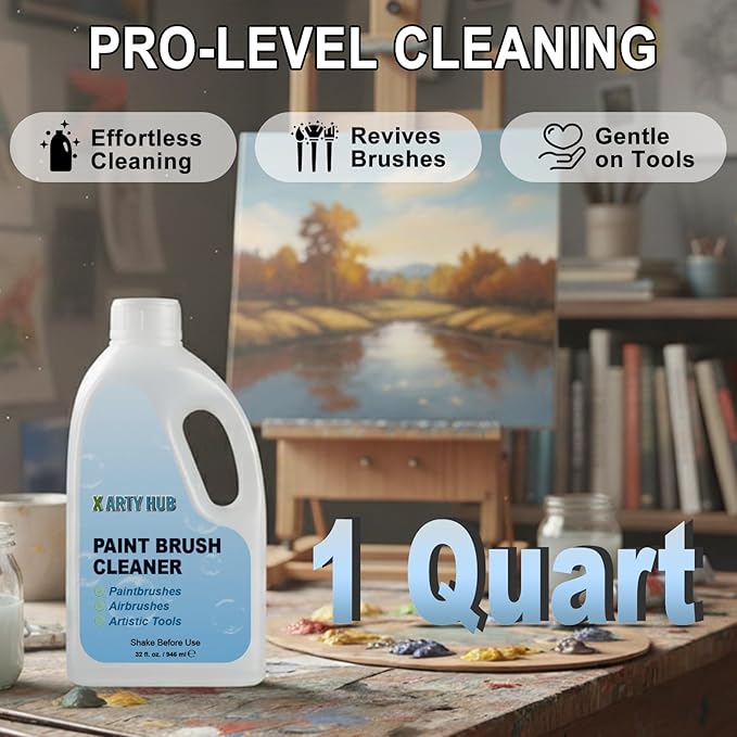 Brush Cleaner and Restorer, 32 fl oz Paint Brush Cleaner Easily Handles Acrylic and Water-Based Paint, Powerful Cleaning Solution for Paintbrushes, Airbrushes, and Art Tools