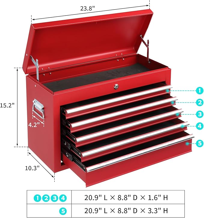 Winado 24" Portable Tool Box, 5 Drawers & Top Storage Tray Tool Box with Drawers, Lockable Metal Tool Chest Cabinet for Garage, Warehouse, Repair Shop & Home, Red