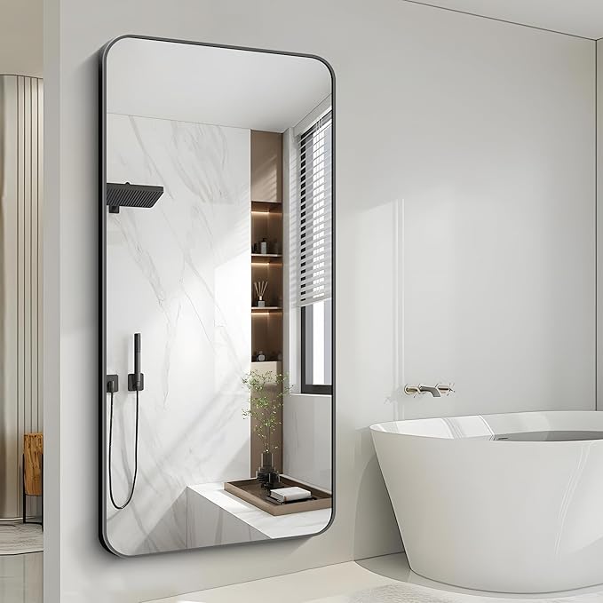 FORBATH Large Bathroom Mirror 72x36 Inches, Black Oversized Wall Mirror for 2 Sinks Aluminum Frame Full Length Rounded Corner Morndern Mirror for Bathroom Bedroom Entryway Living Room