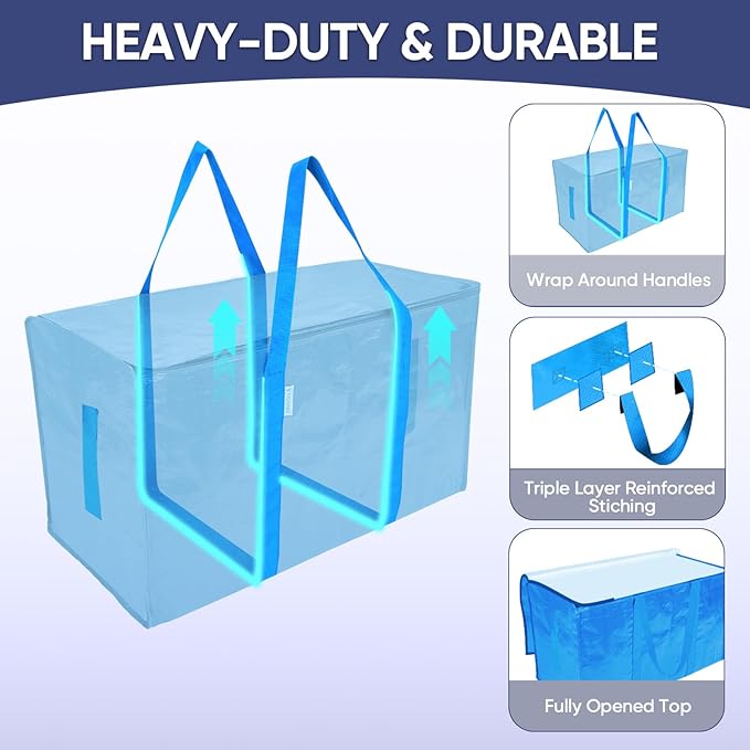 TICONN 4 Pack Extra Large Moving Bags Heavy Duty with Zippers & Carrying Handles, Durable Storage Bags Moving Boxes for Closet Organizers and Storage (4 Pack, Sky Blue)