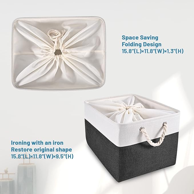 HOdo Home 3PCS Fabric Storage Bin with Drawstring Closure and 2 Bold Handles, Collapsible Large Canvas Storage Baskets for Organizing Shelf Nursery Home (White and Black, 15.8L×11.8W×9.5H)