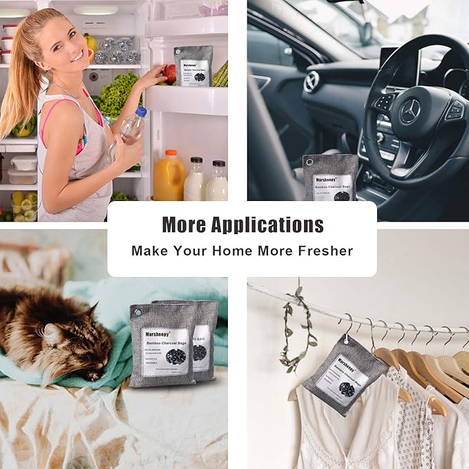 Marsheepy 12 Pack Bamboo Charcoal Shoe Deodorizer Bags, Activated Charcoal Odor Absorber, Bamboo Charcoal Air Purifying Bags, Odor Eliminator for Shoes, Pets, Car, Closet (150g X 2 and 50g x 10)