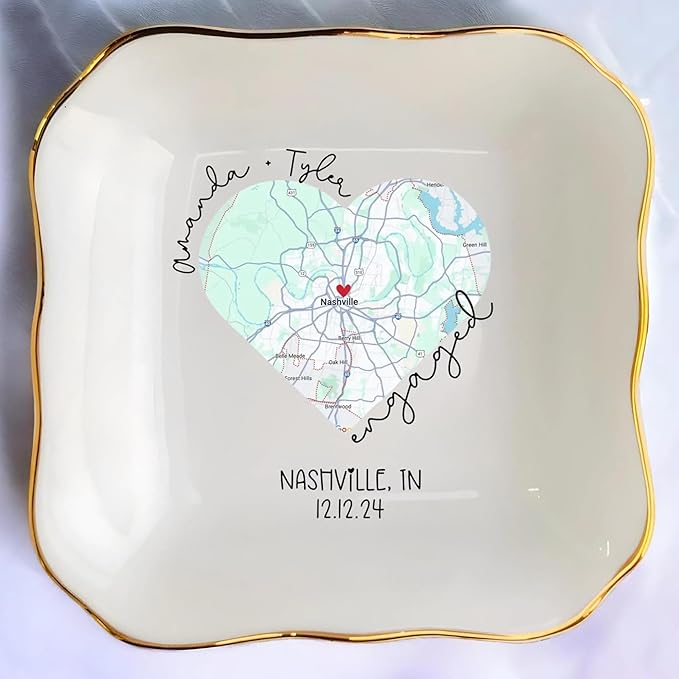 Chillever Custom Map Engaged Trinket Dish, Location Engagement Gifts For Couple Jewelry Tray, Ring Dish, Newly Engaged Ring Holder Best Gift For Lover 2