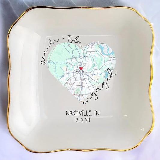 Chillever Custom Map Engaged Trinket Dish, Location Engagement Gifts For Couple Jewelry Tray, Ring Dish, Newly Engaged Ring Holder Best Gift For Lover 2