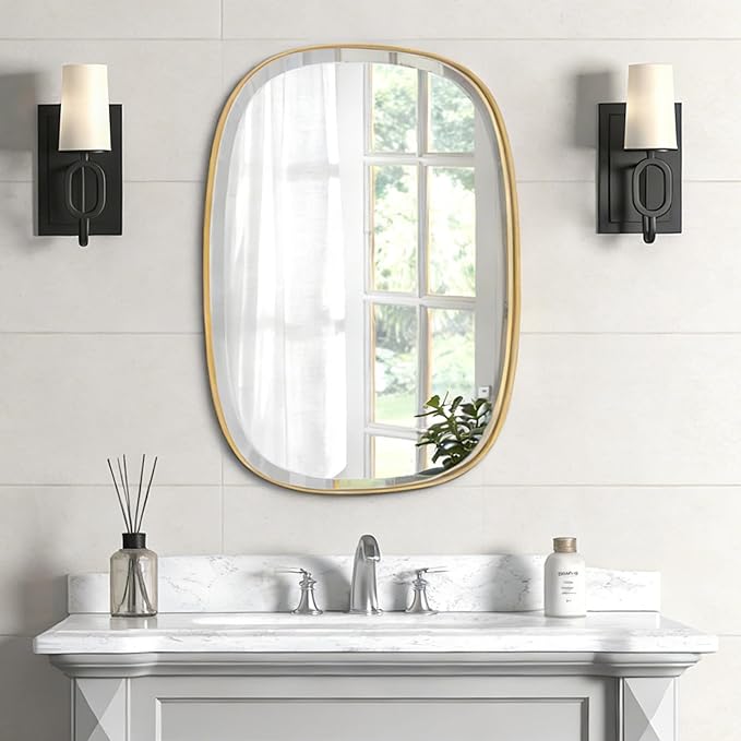 POZINO Gold Bathroom Mirror, 24"x32" Brass Rounded Rectangle Mirrors, Brushed Beveled Mirrors for Over Sink, Modern Vanity Wall Mirror in Premium Stainless Steel Frame Hangs Horizontal Or Vertical