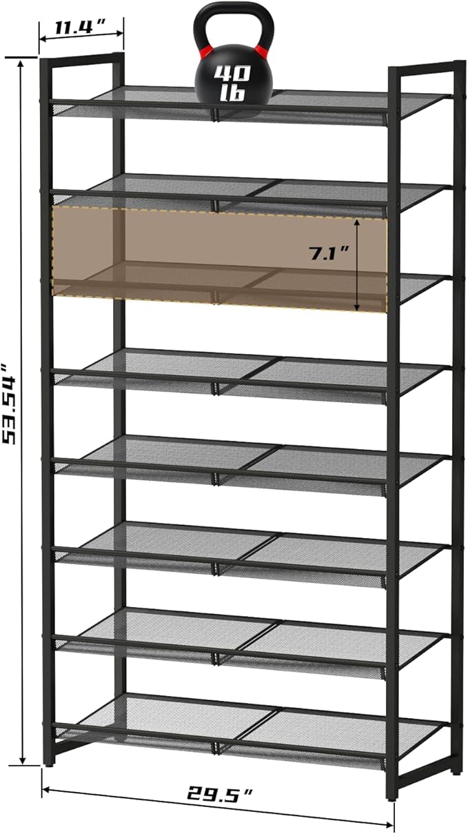Shoe Rack, 8-Tier Metal Shoe Organizer, Tall Shoe Rack for Closet,entryway,Garage, with Adjustable Flat or Angled Shelves, 32-40 Pairs,Shoes That can accommodate The Whole Family.