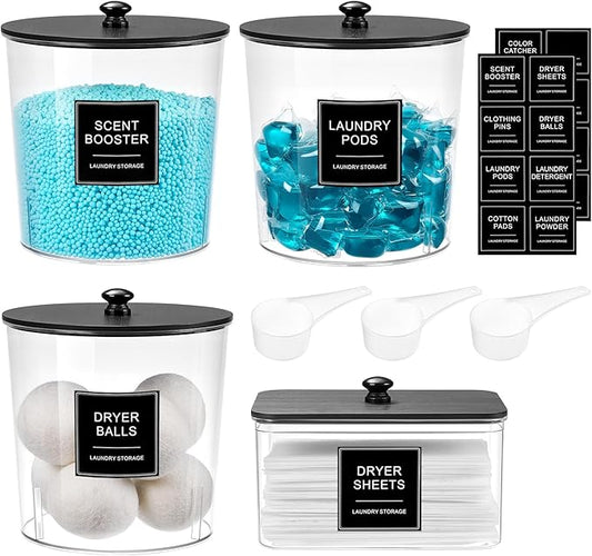 Laundry Pods Container & Dryer Sheet Holder, Laundry Room Organization and Storage Jars with Lids, Labels & Scoops for Powder Detergent Scent Booster, Black Lid