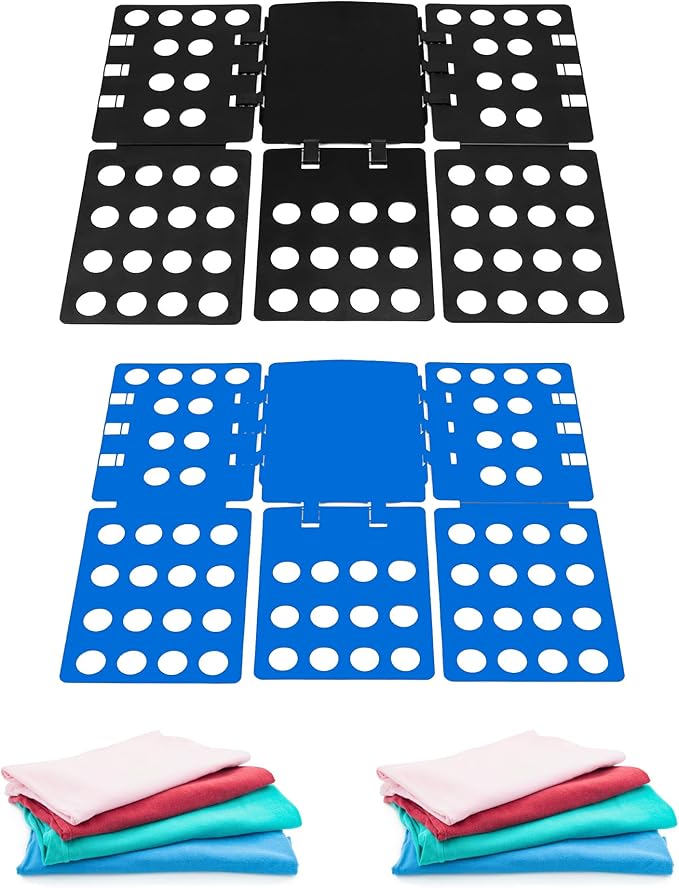 QWORK PP Composite Folding Board, 2 Pack Folding Clothes Board - Black + Blue, One-Hand Operation Laundry Folding Tool, Non-Slip Silicone Buckles, T Shirt Folder, Laundry Folders for All Garments