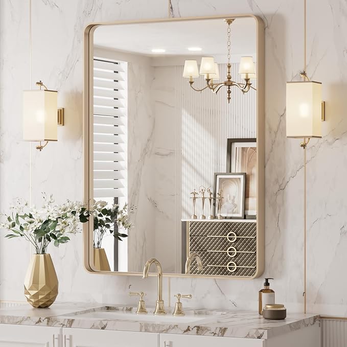 LOAAO 20”X30” Gold Bathroom Mirror, Rounded Rectangle Gold Frame Mirror, Brushed Gold Bathroom Vanity Mirror Wall-Mounted, Anti-Rust, Hangs Horizontally or Vertically