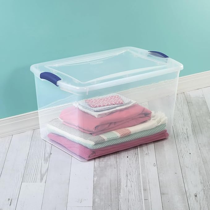 2 Pack 66 Quart Durable Storage Bin – Clear Plastic Container with Secure Blue Latch Lid, Stackable for Home, Closet, Garage, Basement & Attic Organization