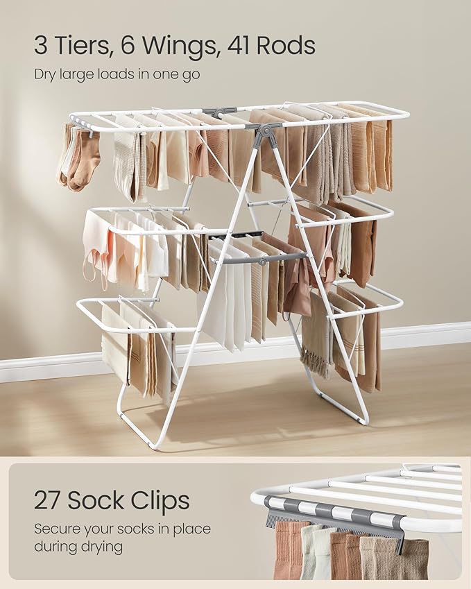SONGMICS Clothes Drying Rack, Foldable 3-Level Laundry Rack, Free-Standing Large Drying Rack, with Height-Adjustable Wings, 39 Drying Rails, Sock Clips, White and Gray ULLR054W01