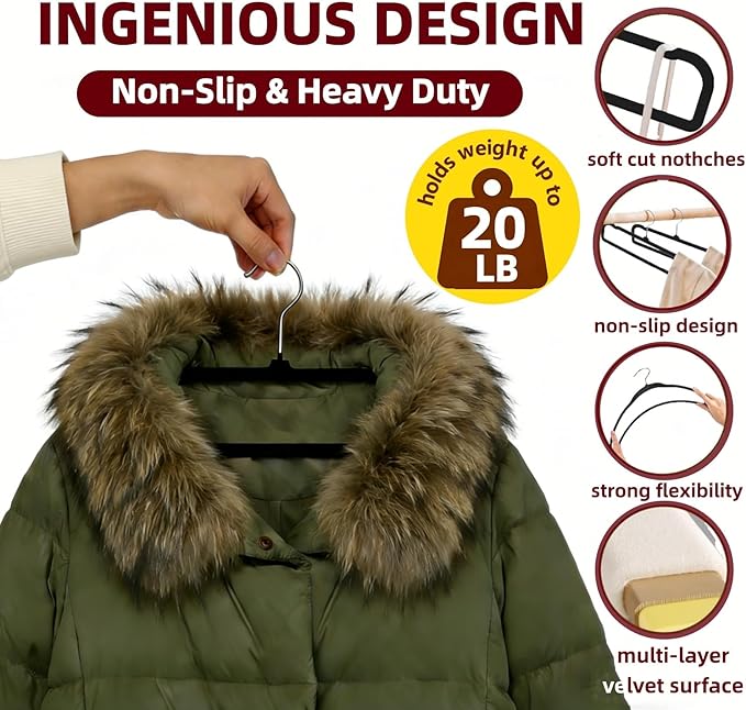 100 Pack Velvet Hangers Non Slip, Felt Pants Hangers Thin Space Saving Clothes Hanger Flocked Strong Durable Ganchos para Colgar Ropa with 360°Swivel Hook for Pants Jeans Shorts Tank Top, Black