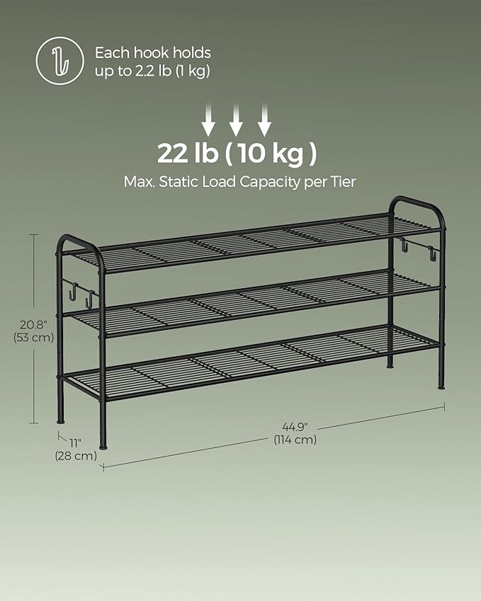 SONGMICS Shoe Rack, 3-Tier Shoe Organizer, Metal Shoe Shelf Storage with 4 Side Hooks, Holds 18 Pairs of Shoes, Height-Adjustable Shoe Rack for Entryway, Hallway, Closet, Ink Black ULMR131B01