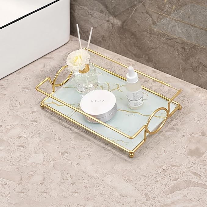 Vanity Bathroom Counter Tray Gold Glass Perfume Organizer Holder Cosmetics Makeup Skincare Display Decorative Vanity Trays Storage Rack for Bathroom Dresser Bedroom (1 Tier Platinum-Small)