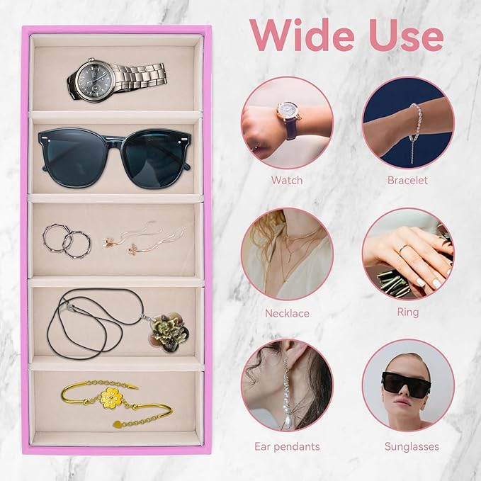 Sunglass Organizer, Pink Velvet Glasses Tray 5 Grids Stackable Display Case for Women Glasses Jewelry Display Watch