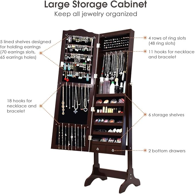 Giantex Jewelry Armoire Organizer with Full Length Mirror, 14 LEDs Floor Standing Jewelry Cabinet with 2 Drawers, 4 Adjustable Angles, Lockable Jewelry Storage Box Cabinet (Brown)