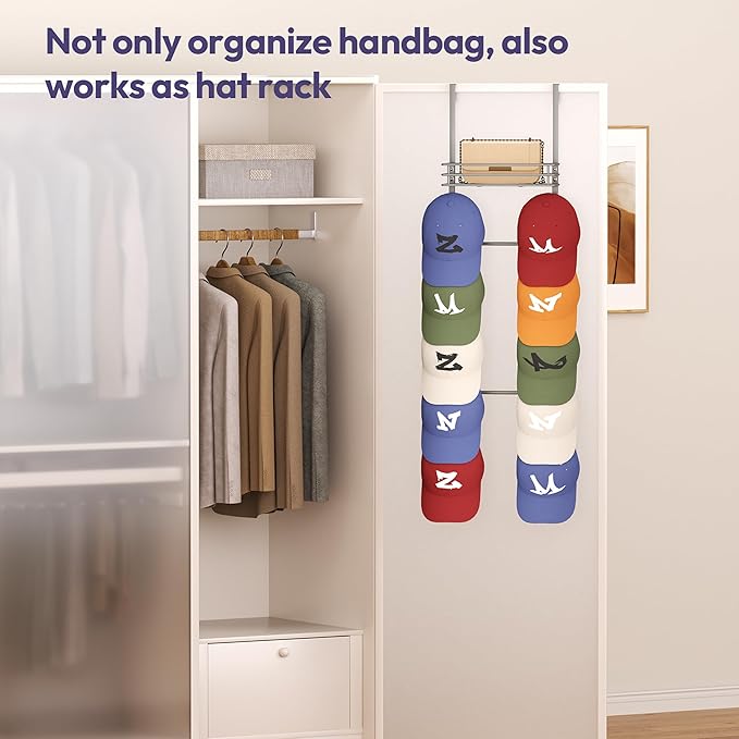 SWTYMIKI Over The Door Purse Organizer - Wall Mounted Handbag Organizer with 10 Hooks and Metal Basket, Hanging Purse Storage Rack Holds up to 10 Bags, Bag Rack Can Use As 1/2 Part, for Door, Closet