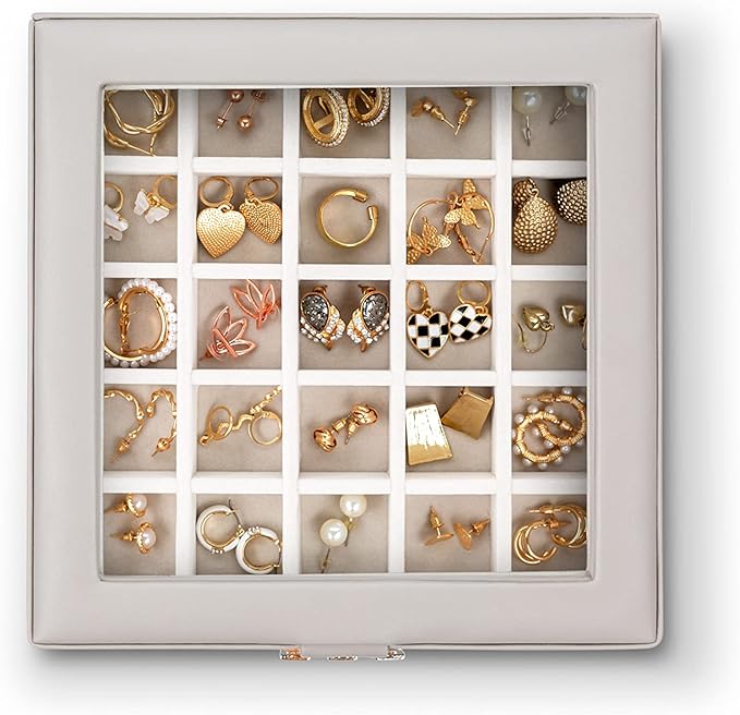 Glenor Co Earring Organizer - Classic 50 Section Jewelry Box/Case/Holder for Earrings, Rings, Necklaces, Jewelry, Cufflinks or Collections -2 Layer Small Compartments with Large Glass Top - Grey