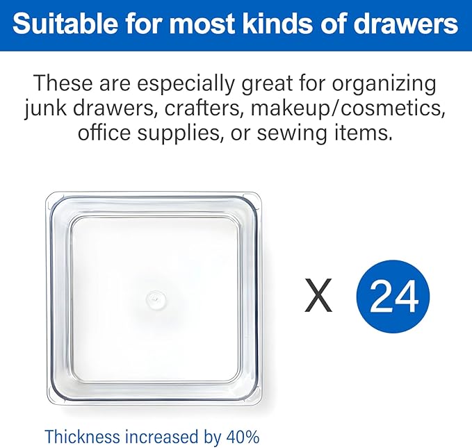 Hudgan 24 Pcs Small Drawer Organizer BinsSet, Stackable Drawer Divider Trays for Makeup Vanity, Bathroom, Office Desk, Straight Sides Tray Perfect for Craft Supplies, Cosmetics