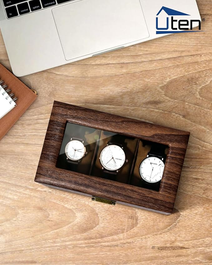 Uten Watch Box 3 Slots, Watch Case Organizer with Real Glass Lid, Wood Grain PU Leather Watch Display Storage Box with Removable Imitation Suede Watch Pillows, Metal Clasp