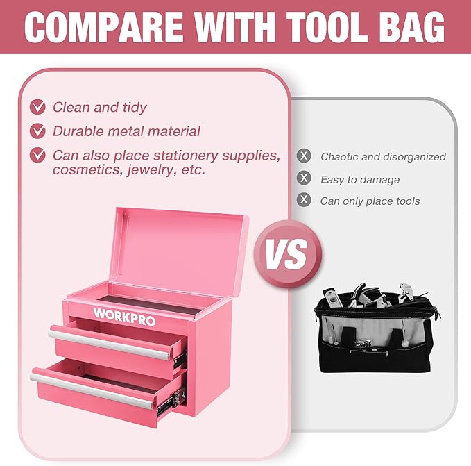 WORKPRO Metal Mini Tool Box, Top Tool Chest containing Two Drawers with Ball Bearing Slides, PVC Drawer Liners and PP Feet Pads, Cold Rolled Steel Small Toolbox for Multi-Purpose Storage - Pink Ribbon