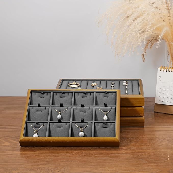 Oirlv Solid Wood 11 Slots Ring Tray Jewelry Organizer Tray Jewelry Drawer Organizer(Grey)