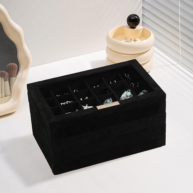 Frebeauty Stackable Jewelry Trays,Velvet Jewelry Organizer for Drawer,5-in-1 Jewelry Storage Box with Lid,Vanity Jewelry Display for Earrings Necklaces Rings,10.5 x 6.5 x 5.55 Inches,Gift for Women