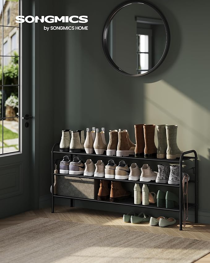 SONGMICS Shoe Rack, 3-Tier Shoe Organizer, Metal Shoe Shelf Storage with 4 Side Hooks, Holds 18 Pairs of Shoes, Height-Adjustable Shoe Rack for Entryway, Hallway, Closet, Ink Black ULMR131B01