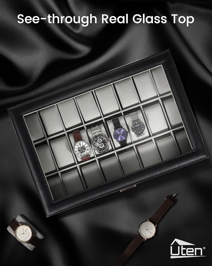 Uten Watch Box, 24 Slots Leather Watch Case, Watch Box Organizer Jewelry Storage with Large Glass Lid, Watch Display Case, Watch Box for Men & Women Gift