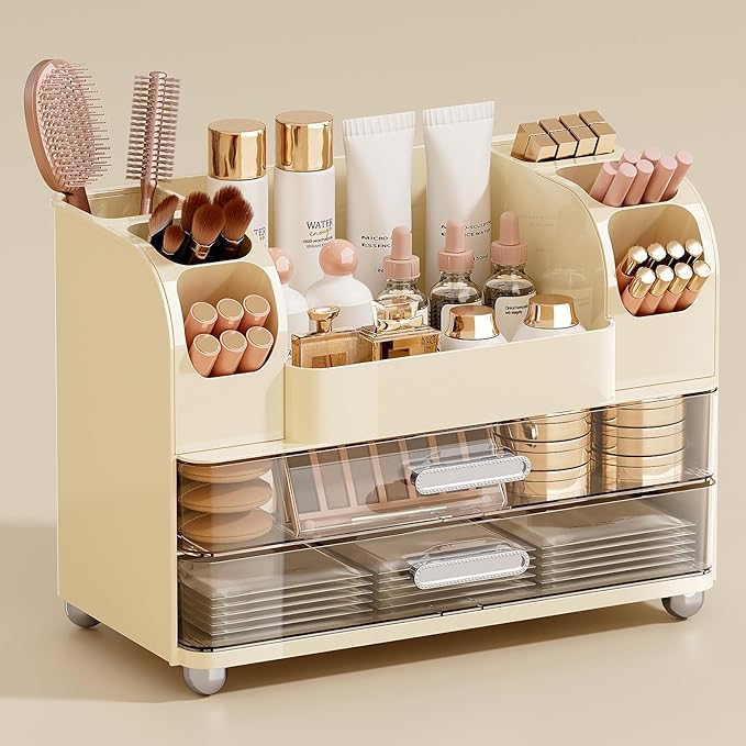 Makeup Organizer for Vanity with 2 Large Drawers, Cosmetic Display Case with Brush Holders, Easy to Storage for Bathroom Countertop Skincare, Desk Office Supplies, Cream White