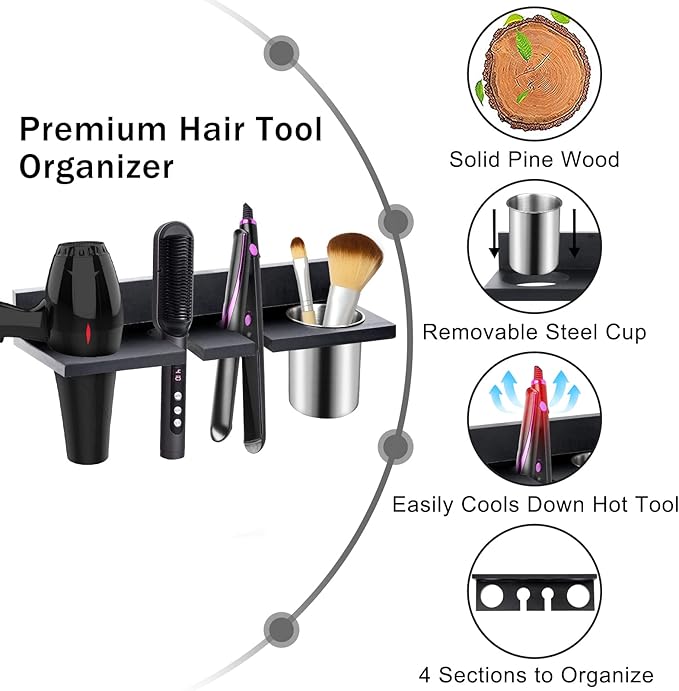 Hair Tool Organizer Wall Mounted - Wooden Dryer Holder, Blow Dryer Holder for Bathroom, Rustic Styling Tools Organizer for Flat Iron, Curling Wand, Hair Straighteners, Brushes, Black