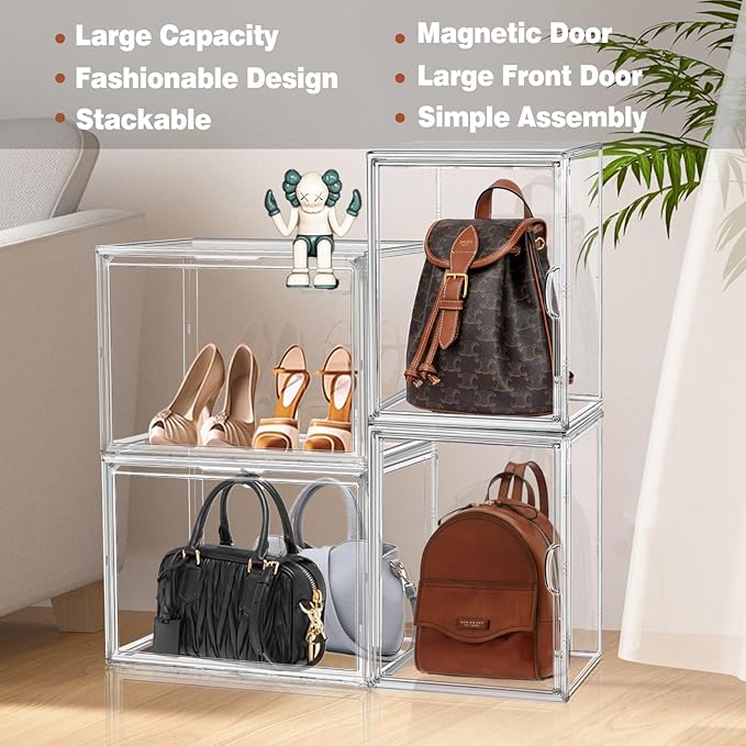 XX-Large Clear Handbag Storage Organizer for Closet Acrylic Display Case Clear Purse Organizer 15 x 12 Inch Plastic Storage Box for Boots, Big Tote Bag, Collectibles, Cosmetic, 2 Pack