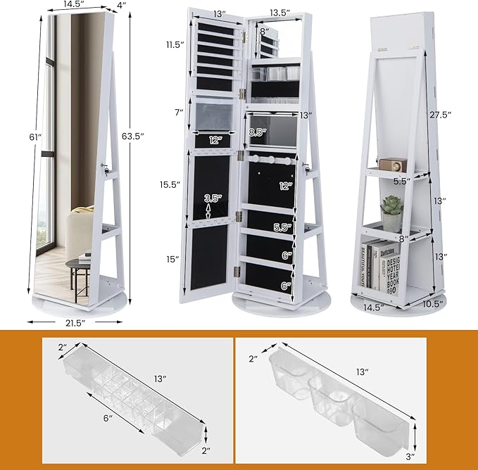 Mirror Jewelry Cabinet Standing with Full Length Mirror, 360° Swivel Jewelry Armoire with 3-Color LED Lights & Foldable Makeup Shelf, Lockable Organizer for Women, Space-Saving (White)