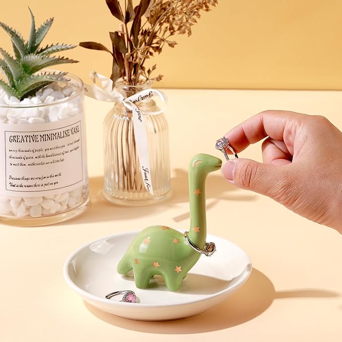 PUDDING CABIN Green Dinosaur Ring Holder Dish, Dinosaur Gifts Ring Holder for Rings Earrings Bracelets Necklace Organizer, Birthday Mothers Day Thanksgiving Christmas Gifts for Women