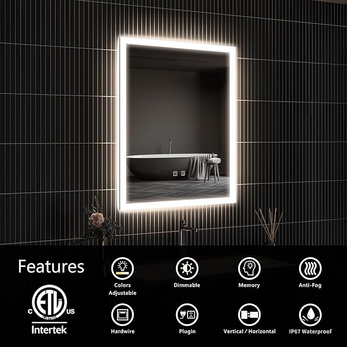 APRILSOUL 24x30 Inch LED Mirror for Bathroom, Led Vanity Mirror with Front and Backlit, 3 Color Lights, Memory Function, Anti-Fog and Dimmable Light (Horizontal/Vertical)
