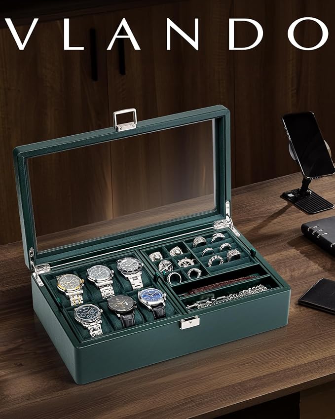 Vlando 6-Slot Watch Box Organize, Lockable Watch Case with Textured Leather, 2 Layer Watch Holder for Rings, Bracelets, Glasses, Glass Lid, Removable Divider, Gift for Fathers, Husband, Friend, Green