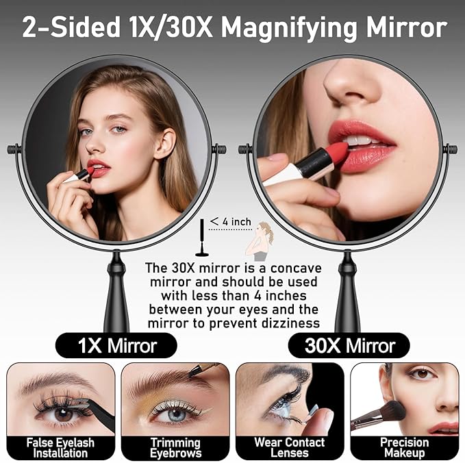 30X Magnifying Mirror, Vanity Mirror Tabletop for Women, Metal Makeup Mirror with Magnification, Desk Mirror with Stand for Home & Office Decoration, Great Gift Option, 8 Inch, Black