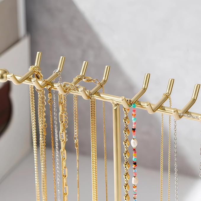 Necklace Holder Stand Organizer with Tray - Gold Jewelry Organizer with 16 Hooks Necklace Tree, Small Necklace Hanger & Ring Holder, Multifunctional Storage Earrings, Lipstick, Watches