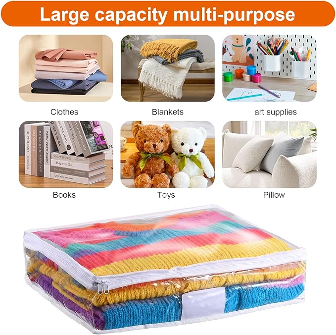 6 Packs Sweater Storage Bags, Clear PVC Sweater Storage Foldable Vinyl Zippered Organizer Plastic Bags for Clothes Blankets Sweater Quilt Clothes Pillow Bed Sheet (16 x 14 x 4 Inch)