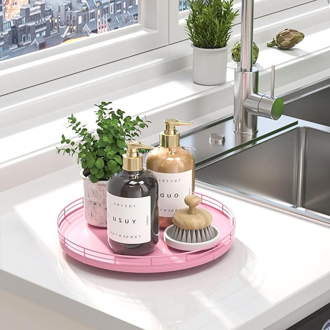 12" Oak Wood Bathroom Tray for Counter, Vanity Tray for Perfume Lotion Candle Makeup Jewelry Sink Soap Holder Turntable Dresser Organizer Countertop Coffee Table Decor Organization and Storage Pink