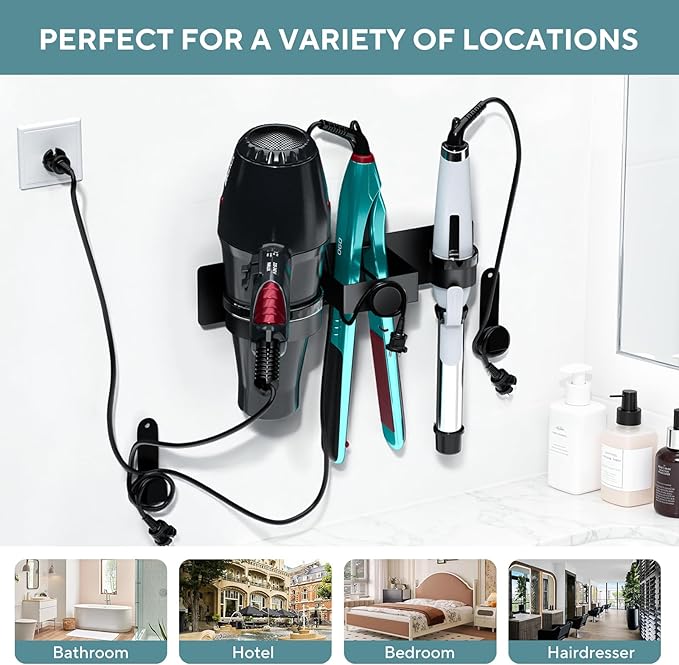 Hair Straightener Holder Wall Mounted, Hair Dryer Holder with Plug&Cord Organizer, Metal Hair Tools Organizer & Storage Curling Iron Holder for Bathroom, Salon Hair Dryer Holder