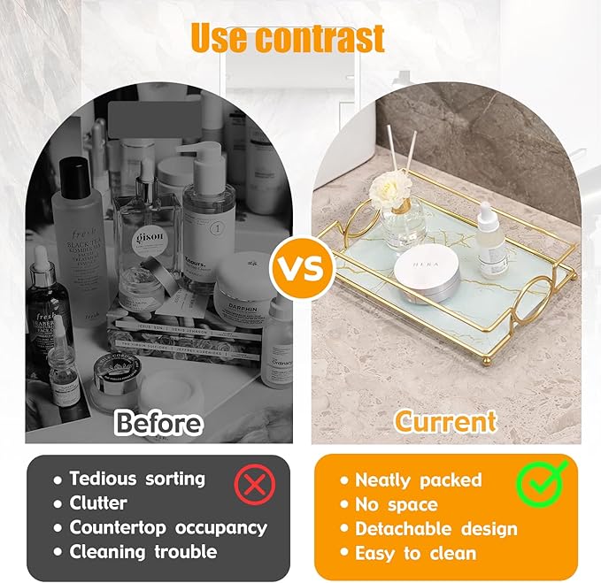 Vanity Bathroom Counter Tray Gold Glass Perfume Organizer Holder Cosmetics Makeup Skincare Display Decorative Vanity Trays Storage Rack for Bathroom Dresser Bedroom (1 Tier Platinum-Small)