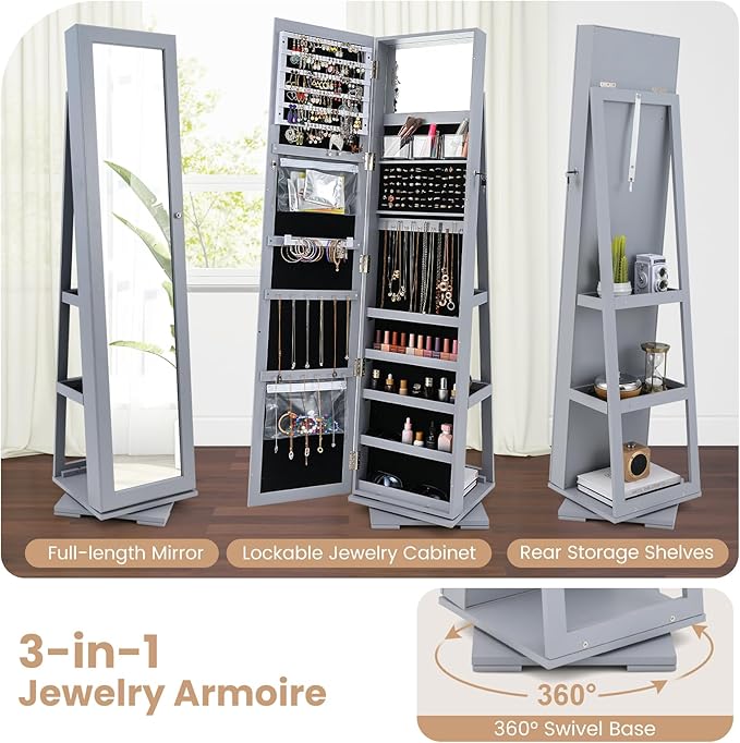 360° Swivel LED Mirror Jewelry Cabinet with Full Length Mirror, Lockable Floor Standing Mirrored Jewelry Armoire Organizer w/Inside Makeup Mirror & Back Storage Shelves, Space-Saving (Gray)