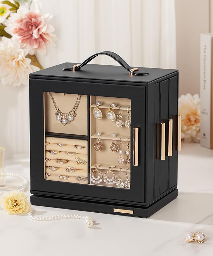 Homde Valentine's Day gifts Jewelry Box 360° Rotating, Necklace Earring Organizer with Transparent Window, Mirror, 7 Drawers, Large Ring Display Storage Case for Girls Women (Black)