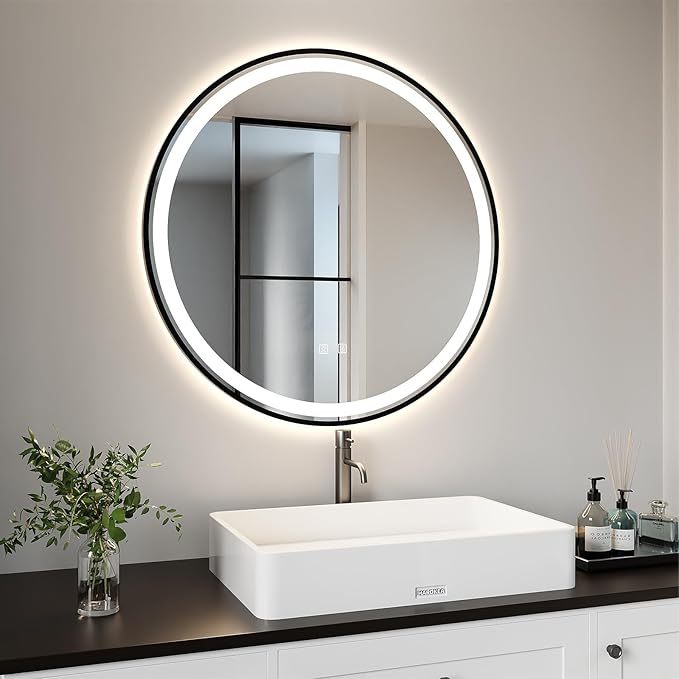 APRILSOUL 28 Inch Round Aluminum Framed LED Bathroom Mirror with Lights, Makeup Mirror with Front and Backlit, Anti-Fog, 3 Colors and Dimmable Light