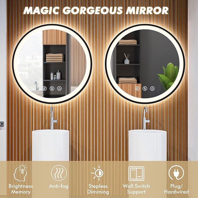 LED Bathroom Mirror with Lights 24'' Black Frame Large Round Makeup Mirror, Wall Mounted Vanity Mirror for 3Colors Dimmable Anti-Fog Memory Smart Light up Wall Mirror Plug-in/Hardwired Circle Mirror