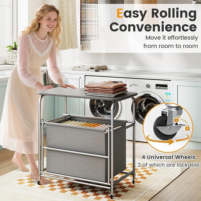 Giantex Laundry Sorter with Foldable Ironing Board, 3 Section Tilt Out Laundry Hamper with Removable Bags, Heavy-Duty Rolling Laundry Cart with Lockable Wheels for Bathroom Bedroom, Grey