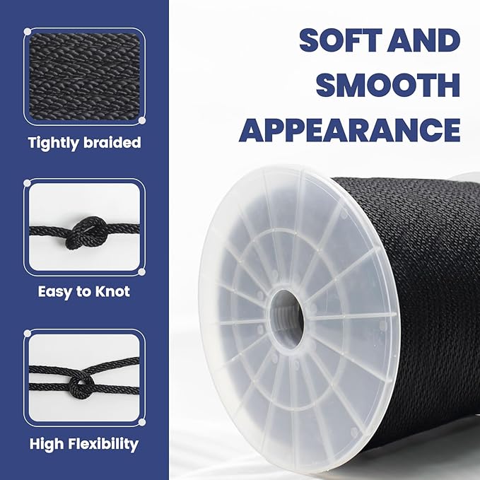 MERIANE Black Nylon Rope 1/4inch 500FT – Multipurpose Tightly Braided Rope – Abrasion & UV Resistant – Ideal Use for Camping, Clothesline, Marine, Flag Line - Solid Utility Rope for Indoor Outdoor