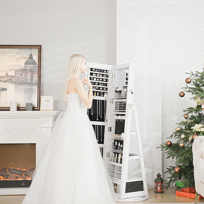 360° Swivel LED Mirror Jewelry Cabinet Standing, Full Length Mirror Jewelry Armoire with Drawer, Standing Jewelry Organizer, Foldable Makeup Shelf, White