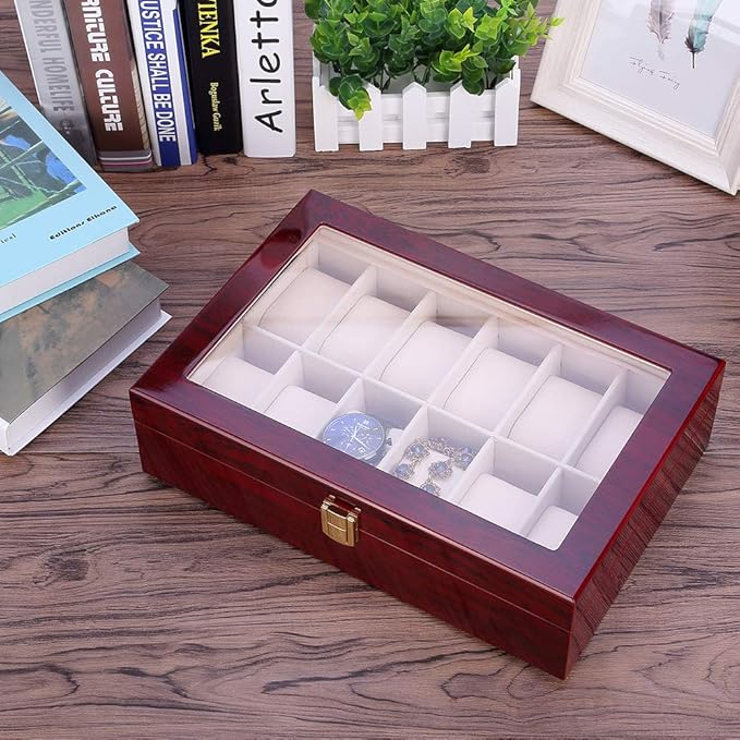 Uten Watch Box, 12 Slot Wooden Watch Case with Removable Watch Pillow, Metal Clasp Watch Display, Watch Box Organizer for men and women.